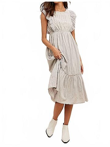 In Loom Eyelet Flutter Sleeve Embroidered Midi Dress in Dove Grey (view 2)