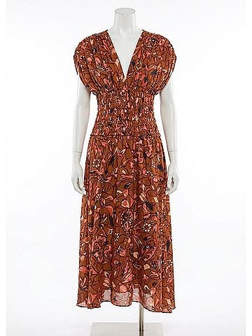 A.L.C. Lucia Floral Smocked Midi Dress in Tan (view 1)