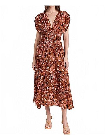 A.L.C. Lucia Floral Smocked Midi Dress in Tan (view 2)