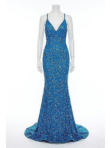 Portia & Scarlett Open Back Sequin Prom Dress in Bright Turquoise (view 1)
