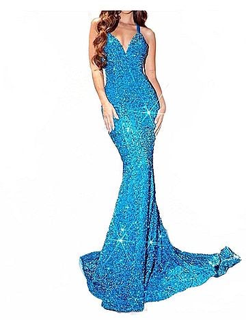 Portia & Scarlett Open Back Sequin Prom Dress in Bright Turquoise (view 2)