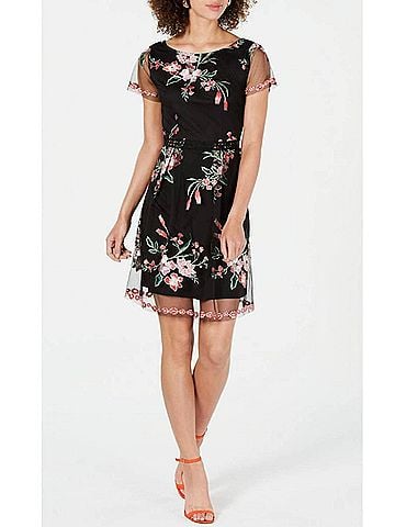 Adrianna Papell Tulle Floral Embroidery Short Party Dress in Black Multi (view 2)