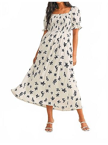 Klesis Floral Midi Puff Sleeves Dress in Off White (view 2)
