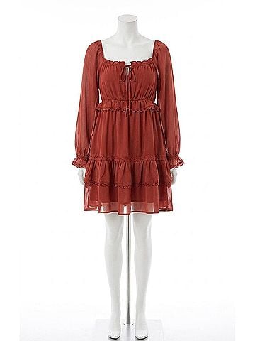 Listicle Tiered Puff Sleeve Dress in Rust (view 1)