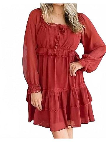 Listicle Tiered Puff Sleeve Dress in Rust (view 2)