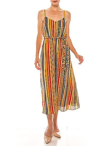 Donna Morgan Spaghetti Strap Striped Midi Dress in Soft White Orange (view 2)