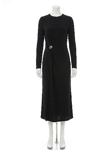 Vince. Cinched-Waist Wool-Blend Long-Sleeve Dress in Black (view 1)