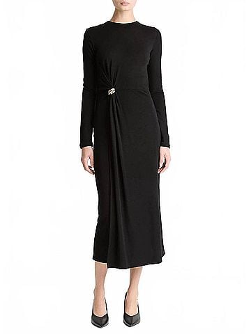 Vince. Cinched-Waist Wool-Blend Long-Sleeve Dress in Black (view 2)