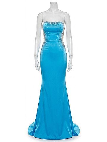 Portia & Scarlett One Shoulder Mesh Side Beaded Gown in Blue (view 1)