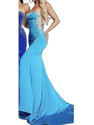Portia & Scarlett One Shoulder Mesh Side Beaded Gown in Blue (view 2)