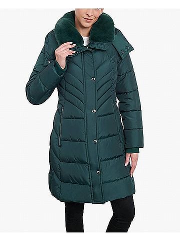 London Fog Zip-Front Hooded Heavy Weight Puffer Jacket With Button-Off Fur Collar in Green (view 2)