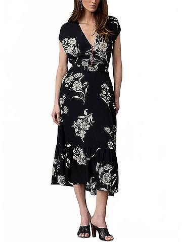 Ralph Lauren Damian Floral Satin Day Midi Dress in Black Cream (view 2)