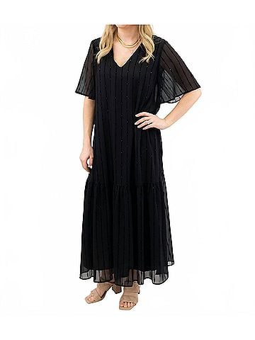 Adrienne Velvet Flutter Sleeve Maxi Dress in Black (view 2)