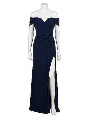 La Femme Off The Shoulder Fully Ruched Floor Length Gown in Navy (view 1)
