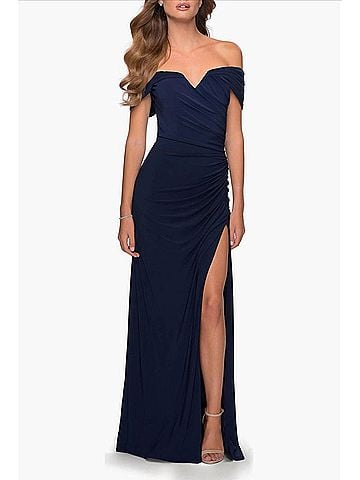 La Femme Off The Shoulder Fully Ruched Floor Length Gown in Navy (view 2)