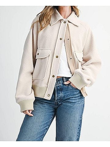 AEMI+CO Cropped Button-Up Fleece Jacket in Cream (view 2)