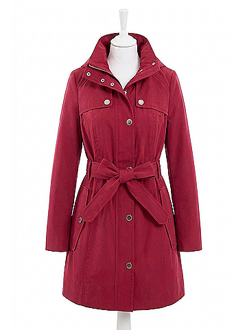 London Fog Zip Front High-Neck Hooded Trench Coat in Cranberry (view 1)