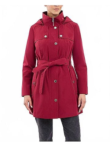 London Fog Zip Front High-Neck Hooded Trench Coat in Cranberry (view 2)