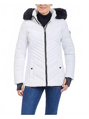 London Fog Zip-Front Puffer Jacket With Removable Faux Fur Trimmed Hood in White (view 2)
