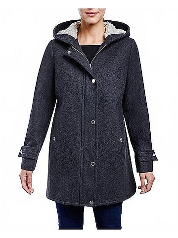 London Fog Zip-Front Sherpa Lined Hood 31 Inch Wool Jacket in Charcoal (view 2)