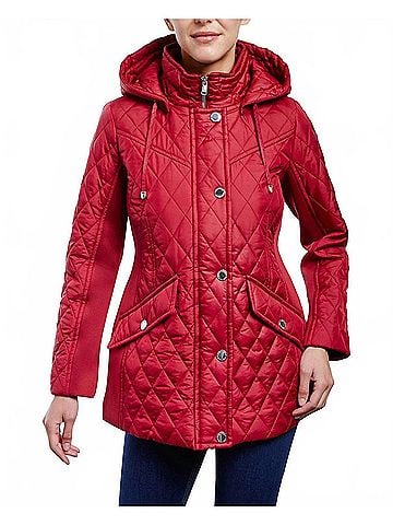 London Fog Zip Front Hooded Quilted Jacket in Chili (view 2)