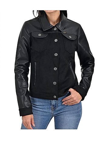Wrangler Jeans Co Faux Leather Trucker Jacket in Black (view 2)