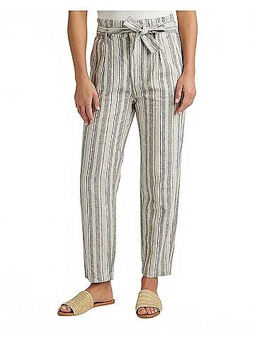 Jag Belted Linen Stripe Pleated Pants in Gray Striped (view 2)