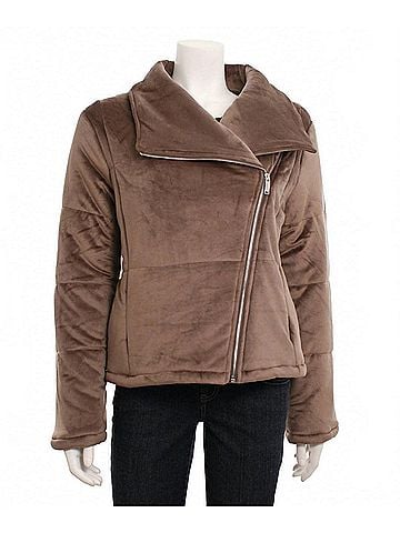 Hyfve Women's Shawl Collar Asymmetrical Puffer Coat in Mushroom (view 2)