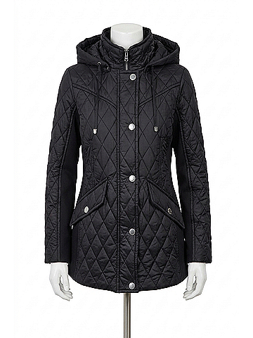 London Fog Zip Front Hooded Quilted Jacket in Black (view 1)