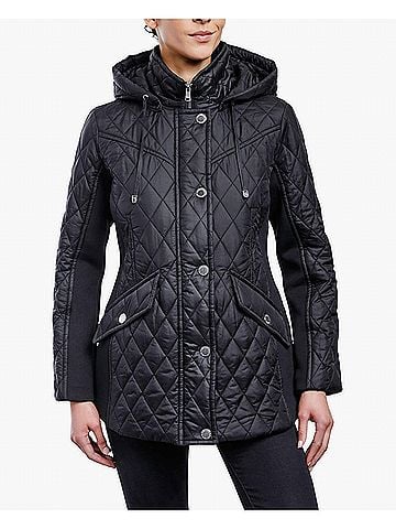 London Fog Zip Front Hooded Quilted Jacket in Black (view 2)