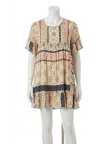 Chris & Carol Boho Print Mini Dress in Beige (view 1)