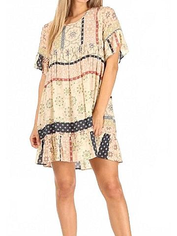 Chris & Carol Boho Print Mini Dress in Beige (view 2)