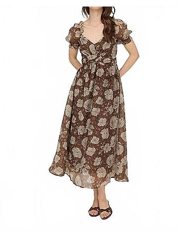 Blu Pepper Floral Sweetheart Back Tie Midi Dress in Brown Multi (view 2)
