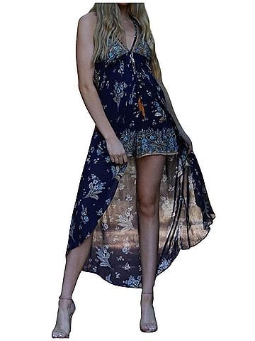 Angie Spaghetti Strap Halter Maxi Romper in Blue (view 2)
