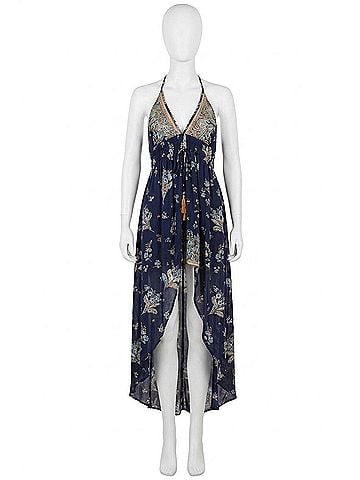 Angie Spaghetti Strap Halter Maxi Romper in Blue (view 1)
