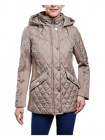 London Fog Zip Front Hooded Quilted Jacket in Truffle (view 2)