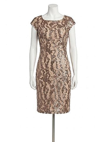 Sue Wong Women's Cap Sleeve Sequined Sheath Dress in Champagne (view 1)