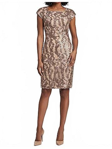 Sue Wong Women's Cap Sleeve Sequined Sheath Dress in Champagne (view 2)