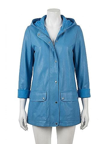 Angel Microfiber Leather Long Hooded Jacket in Turquoise (view 1)