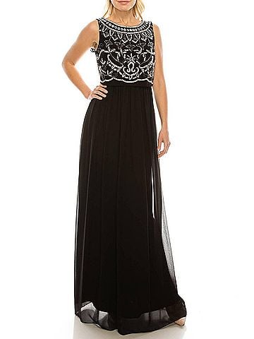 Adrianna Papell Sleeveless Popover Beaded Dress in Black Ivory (view 2)