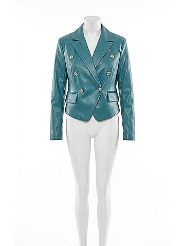 Dolce Cabo Cropped Faux Leather Double Breasted Blazer in Aqua (view 1)