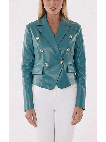 Dolce Cabo Cropped Faux Leather Double Breasted Blazer in Aqua (view 2)