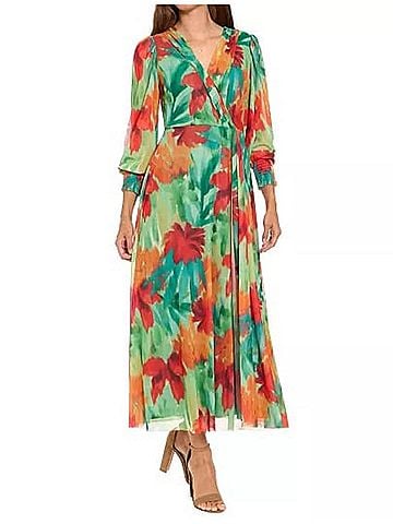 London Times Women's Abstract Floral Maxi Dress in Orange Green (view 2)