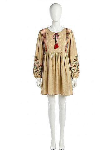 Velzera Floral Embroidered Peasant Mini Dress in Mocha (view 1)