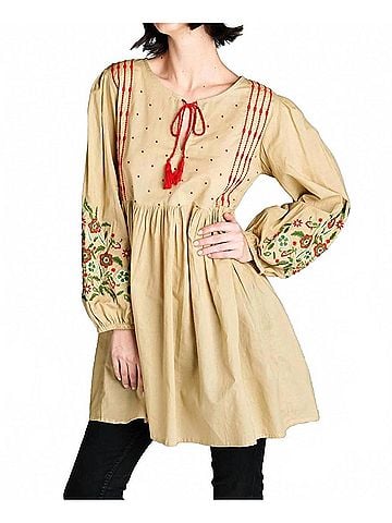 Velzera Floral Embroidered Peasant Mini Dress in Mocha (view 2)