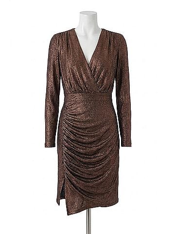 Donna Morgan Long Sleeve Uneven Hem Party Dress in Bronze Black (view 1)