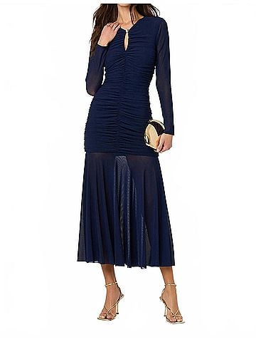 Astr Yasmine Ruched Long Sleeve Midi Dress in Navy (view 2)