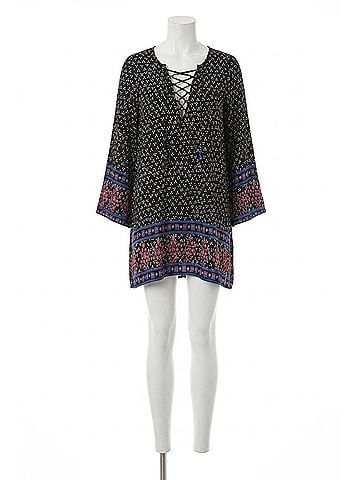 Velzera Border Print Floral Bohemian Mini Dress in Black (view 1)