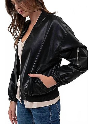 Blu Pepper Faux Leather Bomber Jacket in Black (view 2)