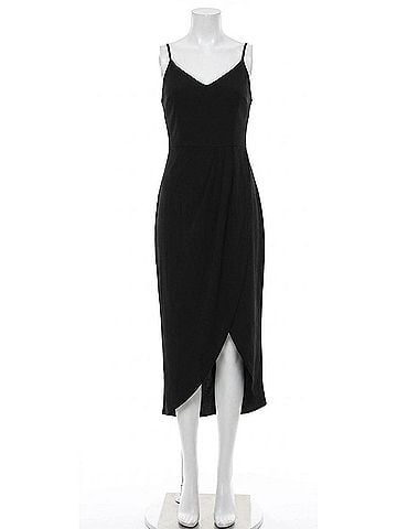 Lulus V-Neck Spaghetti Strap Pleated Faux Wrap Reinette Midi Dress in Black (view 1)